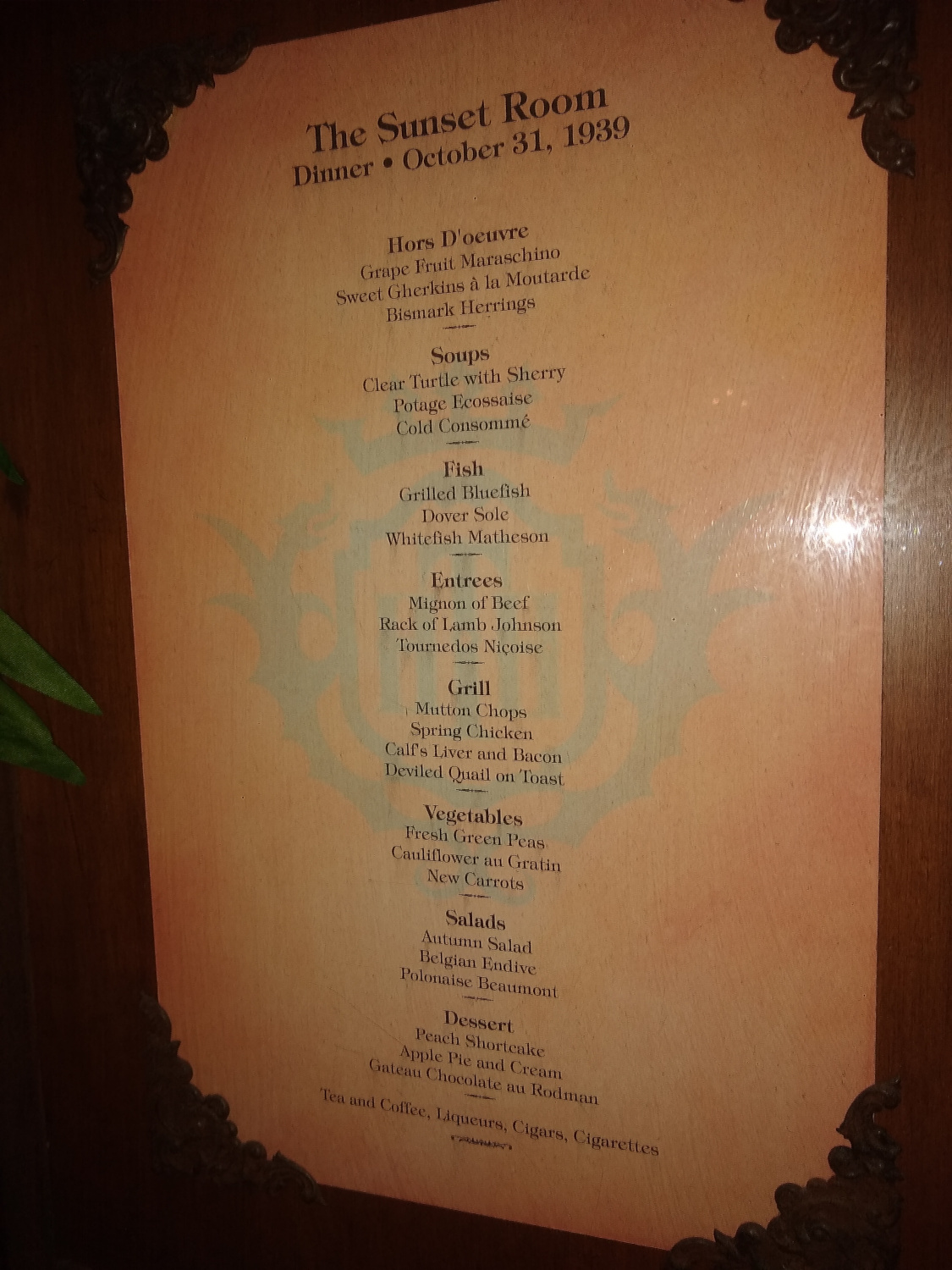 Tower of Terror menu